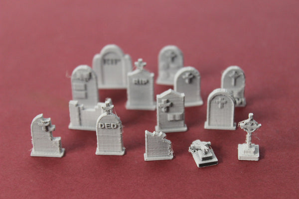 1-87TH HO SCALE 3D PRINTED GRAVEYARD HEADSTONES 14 PIECES